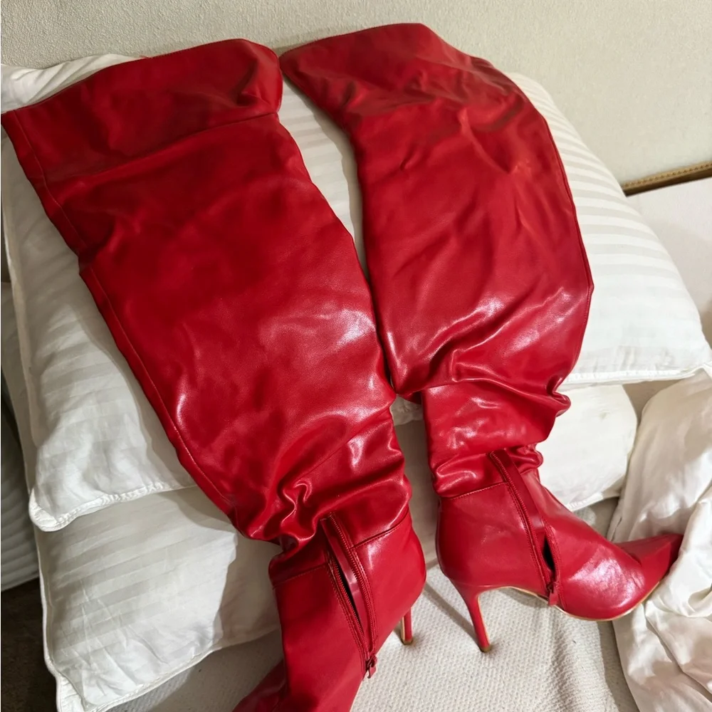 Red Over-the-Knee Stiletto Boots - Women